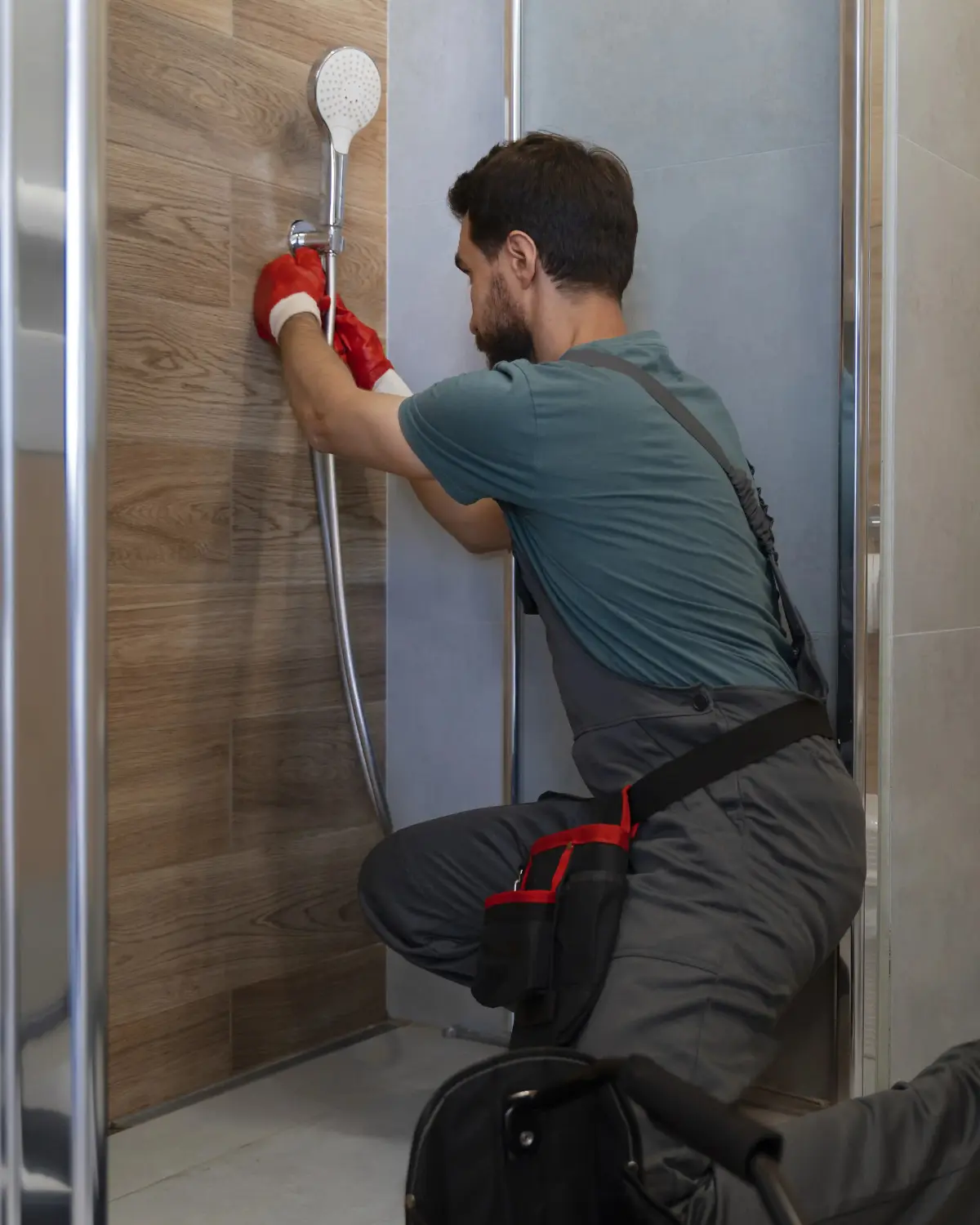 Fontanero reparando una avería en la ducha para solucionar una fuga de agua en el baño.